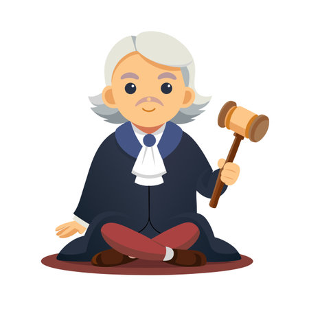 Cartoon Judge Character Meditating with Gavel Sitting Cross Legged on Floorのイラスト素材