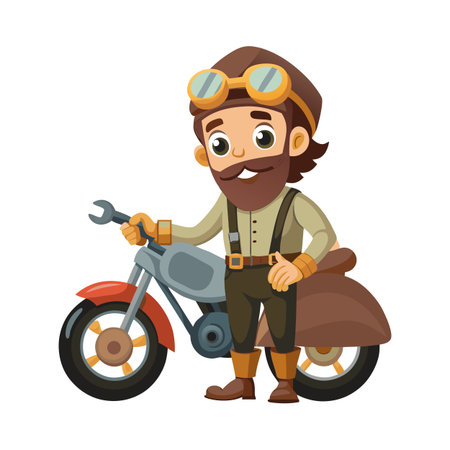 Cartoon mechanic with wrench and motorcycle posing in front of isolated backgroundのイラスト素材