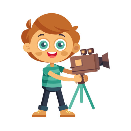 Young boy operating vintage movie camera on tripod, film-making conceptのイラスト素材