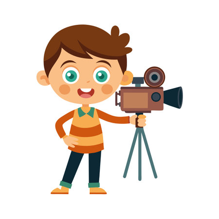 Cartoon boy with vintage movie camera on tripod, aspiring filmmaker illustrationのイラスト素材