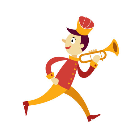 Cartoon musician playing the trumpet during a parade, isolated on white backgroundのイラスト素材