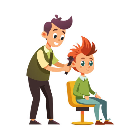 A barber giving a young boy a haircut in a bright and cheerful barbershopのイラスト素材