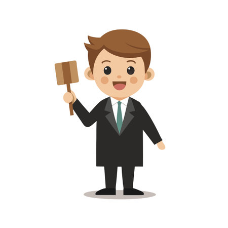 Cartoon Lawyer Character Holding a Gavel Ready to Call Order in Courtのイラスト素材