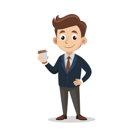 Cartoon businessman in suit holding coffee cup against a white backgroundのイラスト素材