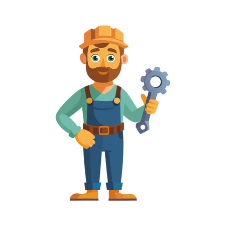 Cartoon construction worker holding gear, cheerful maintenance man in uniform graphicのイラスト素材