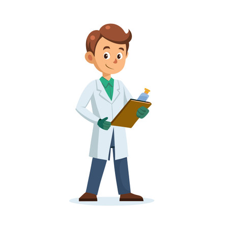 Scientist Inspecting Data on Clipboard in a Laboratory Setting with a Positive Attitudeのイラスト素材