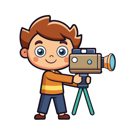 Cartoon boy holding vintage video camera on tripod, filmmaking and childhood conceptのイラスト素材