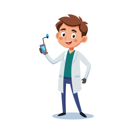 Cartoon doctor holding a medical device in a flat vector illustration styleのイラスト素材