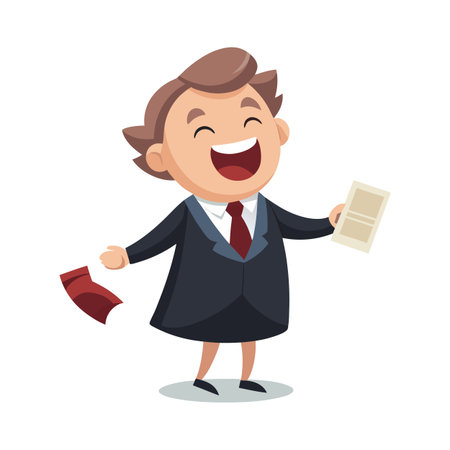 Joyful cartoon businessman celebrating success with documents and a cheerful expression, isolated on whiteのイラスト素材