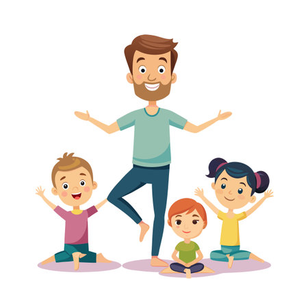 Father and Children Doing Yoga Together at Home for Family Wellnessのイラスト素材