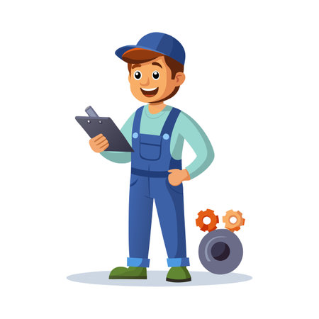 Cartoon mechanic with clipboard inspecting gears, illustrative vector art for engineering and repair servicesのイラスト素材