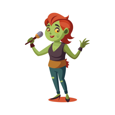 Cartoon zombie woman sings into microphone, raising hand as if on stage.のイラスト素材