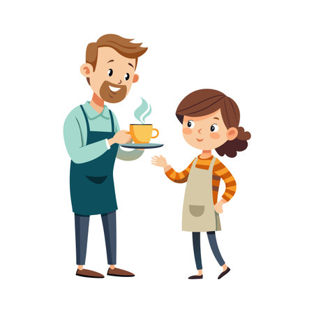 Cartoon Waiter Serving Hot Drink to Smiling Girl in Cafe Settingのイラスト素材