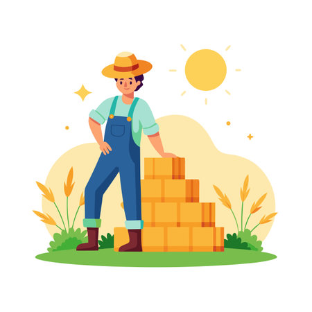 Farmer and Hay Bales on a Sunny Day in a Flat Vector Styleのイラスト素材