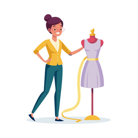 Fashion designer measuring a dress on a mannequin with measuring tape cartoon styleのイラスト素材