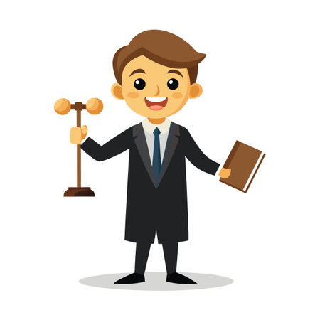 Cheerful cartoon lawyer holding scales of justice and a legal book illustrationのイラスト素材