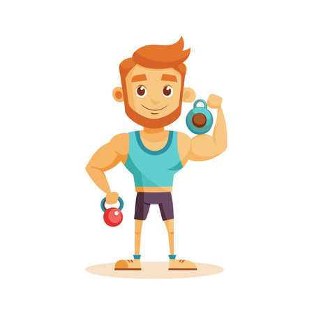 Cartoon man lifting kettlebells showing muscles in a fitness illustrationのイラスト素材