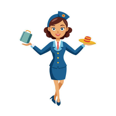Cartoon Air Hostess Presenting Luggage and Beverage with Professional Demeanor on White Backgroundのイラスト素材