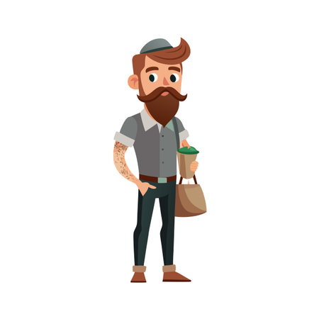 Bearded hipster man with coffee and bag in trendy outfit, stylized illustrationのイラスト素材
