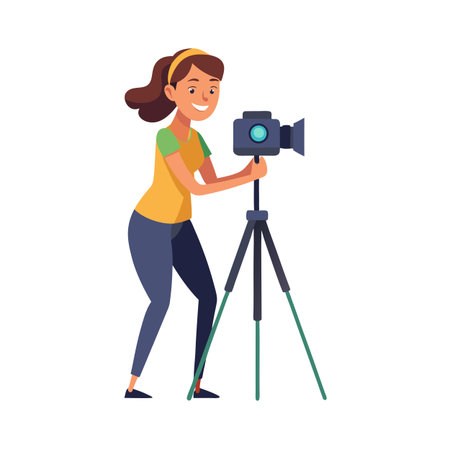 Young woman using a professional video camera on a tripod in a flat style.