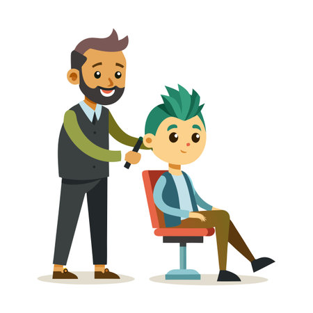 Cheerful barber styling a young client's trendy green mohawk hairstyle in a modern barbershop settingのイラスト素材