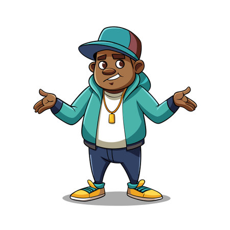Cartoon character with cap and jacket expressing confusion with outstretched hands on white backgroundのイラスト素材
