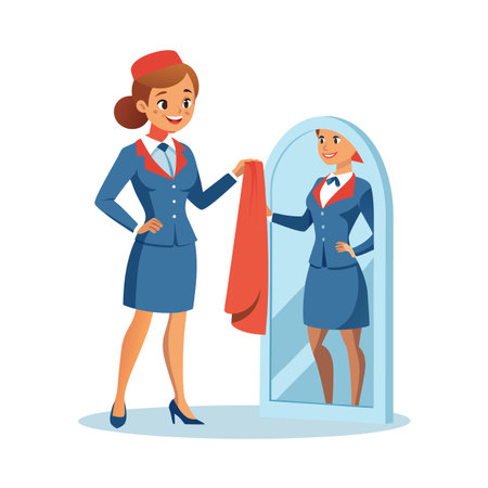 A flight attendant checks her appearance in the mirror before departureのイラスト素材