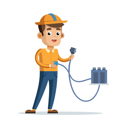 Cartoon Worker Plugging in Equipment with Safety Helmet on a Clean Backgroundのイラスト素材
