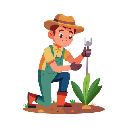 Cartoon gardener tending to a plant in a garden bed with a weeding toolのイラスト素材