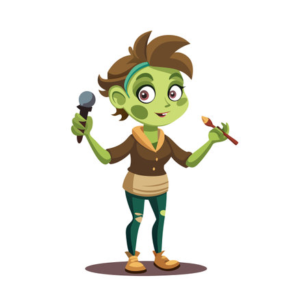 Illustration of green-skinned girl with microphone and brush, isolated on white backgroundのイラスト素材