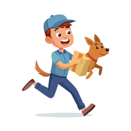 Happy Delivery Boy Running with Package Accompanied by Loyal Dog Cartoon Illustrationのイラスト素材