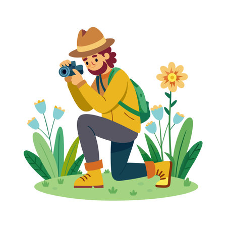 Cartoon photographer taking pictures of flowers in nature with a digital cameraのイラスト素材