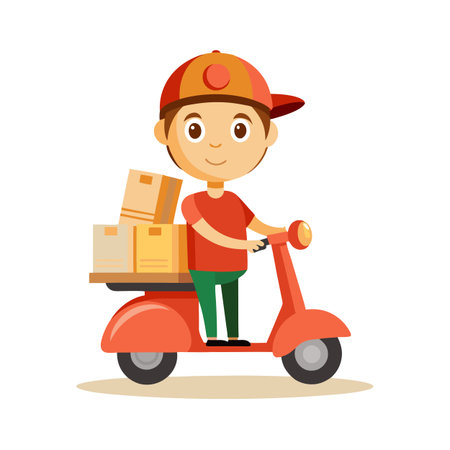 Cartoon delivery boy on scooter delivering packages, isolated vector illustration on white backgroundのイラスト素材