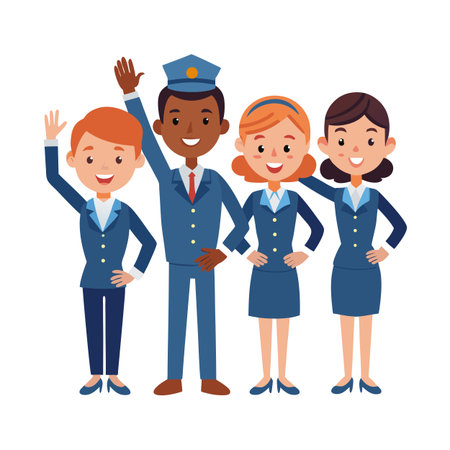 Cartoon illustration of a diverse team of smiling airline personnel in blue uniforms.のイラスト素材