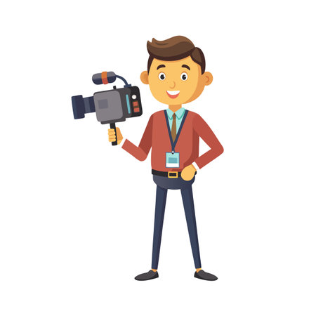 Cartoon news reporter with camera, vector illustration for press release, news or advertisement