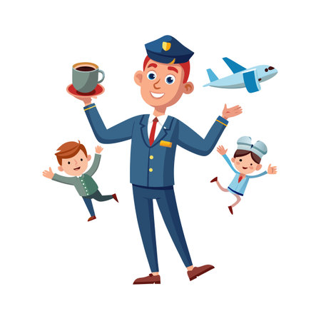 Cheerful Cartoon Pilot with Coffee and Happy Passengers Flying in Cartoon Styleのイラスト素材