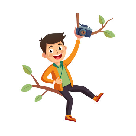 Cartoon boy holding camera, sitting on tree branch and smiling joyfullyのイラスト素材