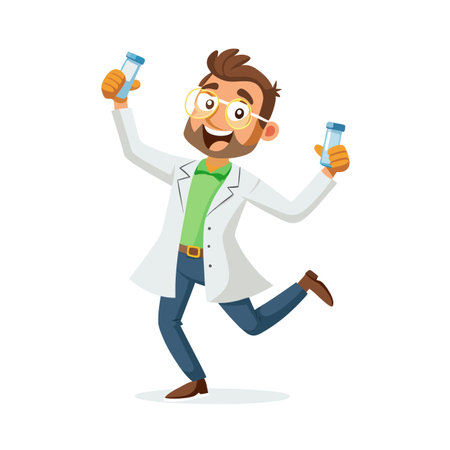 Happy Scientist Celebrating Success with Test Tubes in a Laboratory Setting, Cartoon Styleのイラスト素材