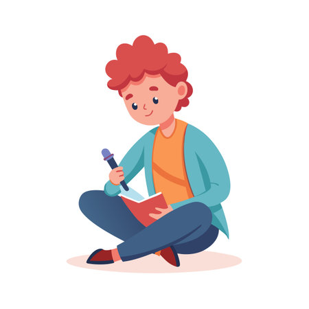 Illustration of a young person sitting cross-legged while reading and taking notes in a bookのイラスト素材