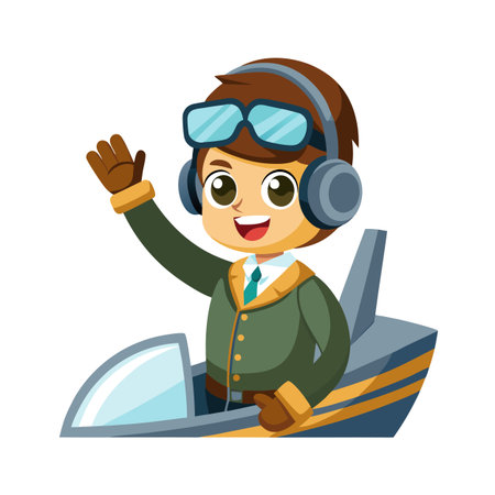 Cartoon Aviator Flying an Airplane and Waving, isolated on White Backgroundのイラスト素材