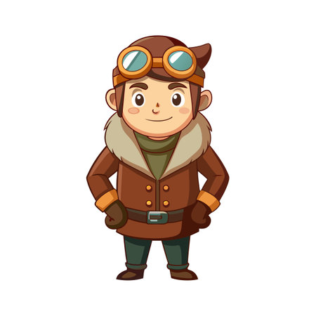 Cartoon Aviator Character Wearing Goggles and Brown Jacket Stands Smiling Confidentlyのイラスト素材