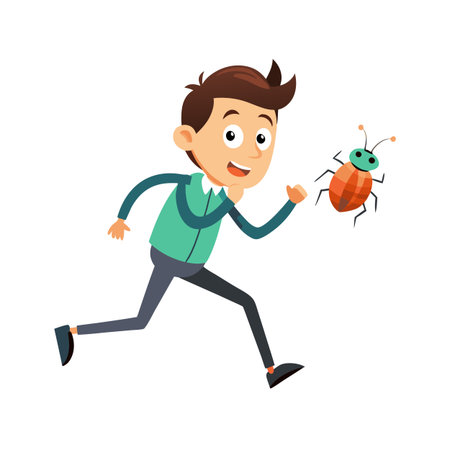 Boy cartoon runs after a cartoon bug with antennae, illustration on whiteのイラスト素材