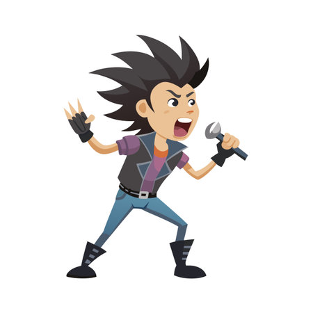 Energetic cartoon rocker singing into a microphone with a rock and roll gestureのイラスト素材
