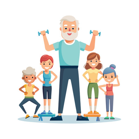 Active Senior Man Training with Dumbbells Surrounded by Young People, Fitness Conceptのイラスト素材