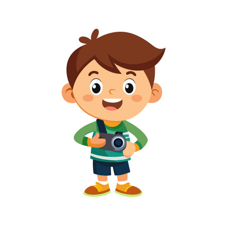 Cartoon boy with camera smiling illustration, flat design vector graphic on white backgroundのイラスト素材
