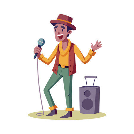Cartoon style singer with microphone, hat and speaker on the stageのイラスト素材