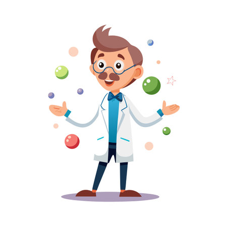 Cartoon Scientist Juggling Colorful Spheres on a White Background, Science and Experimentのイラスト素材