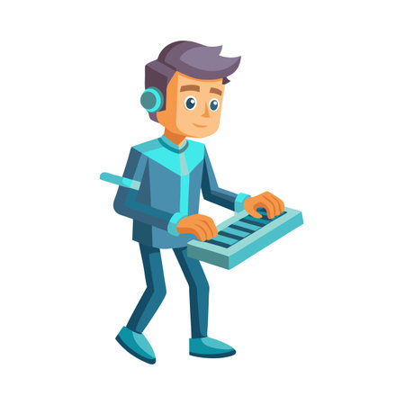 Cartoon character in futuristic outfit with headphones and keyboard, isolated on a white backgroundのイラスト素材