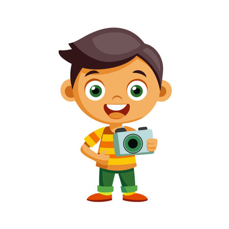 Cartoon boy holding a camera, illustrating photography hobbies and youthful creativity against a clean backgroundのイラスト素材