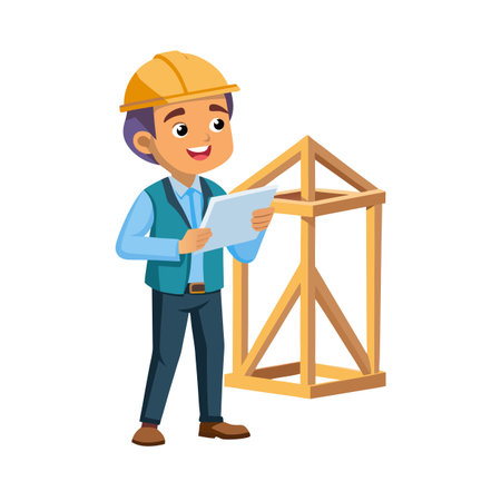 Illustration of a smiling construction worker with plans next to a wooden frameのイラスト素材